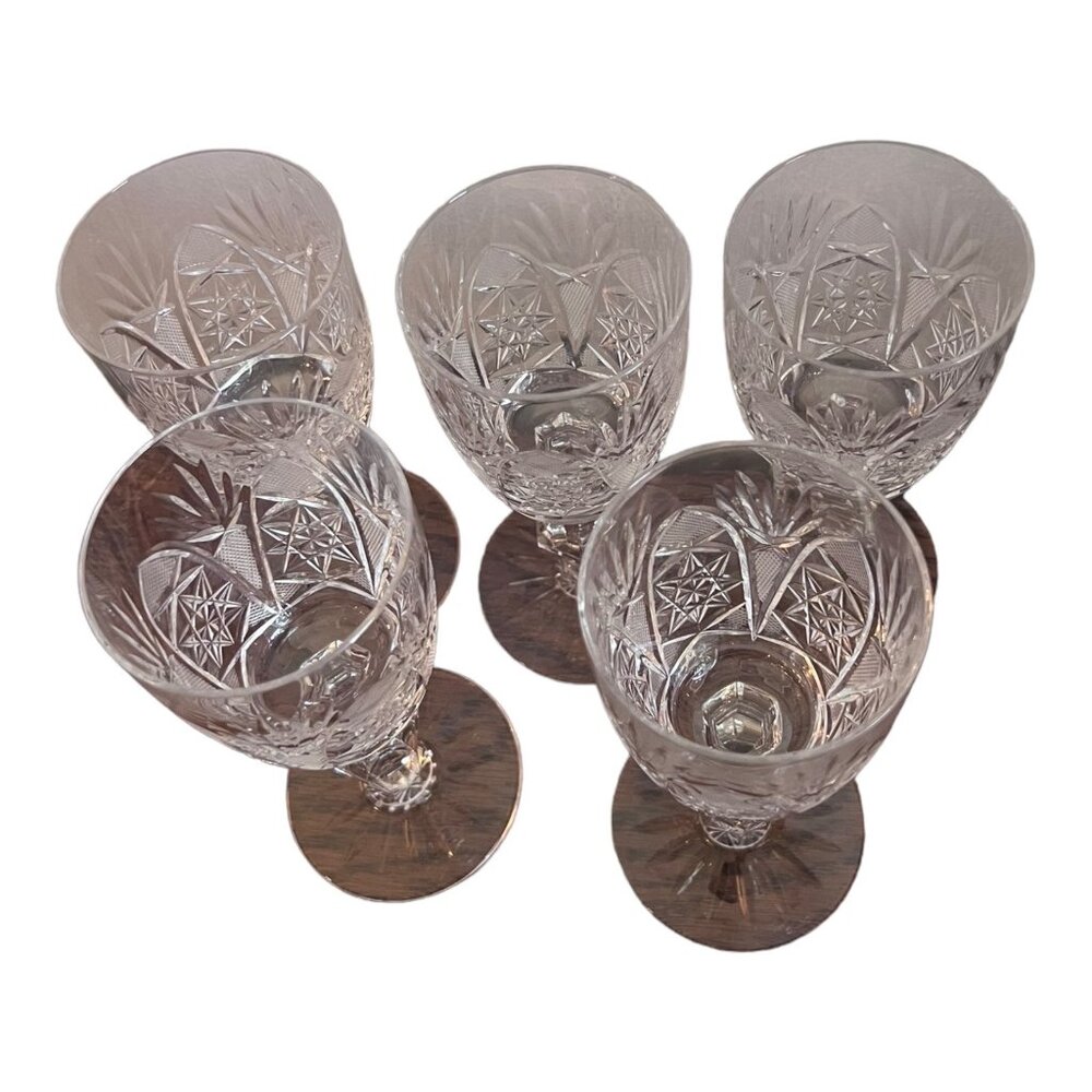 5 Crystal Cordial Goblets, Faceted Stem, 6.5 Inches Tall - Picture 5 of 10